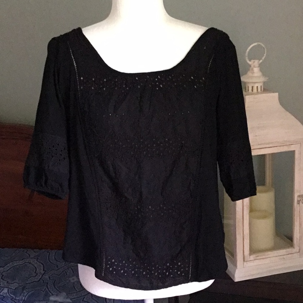 Black Y2K Boho Lace Cotton Top Size L